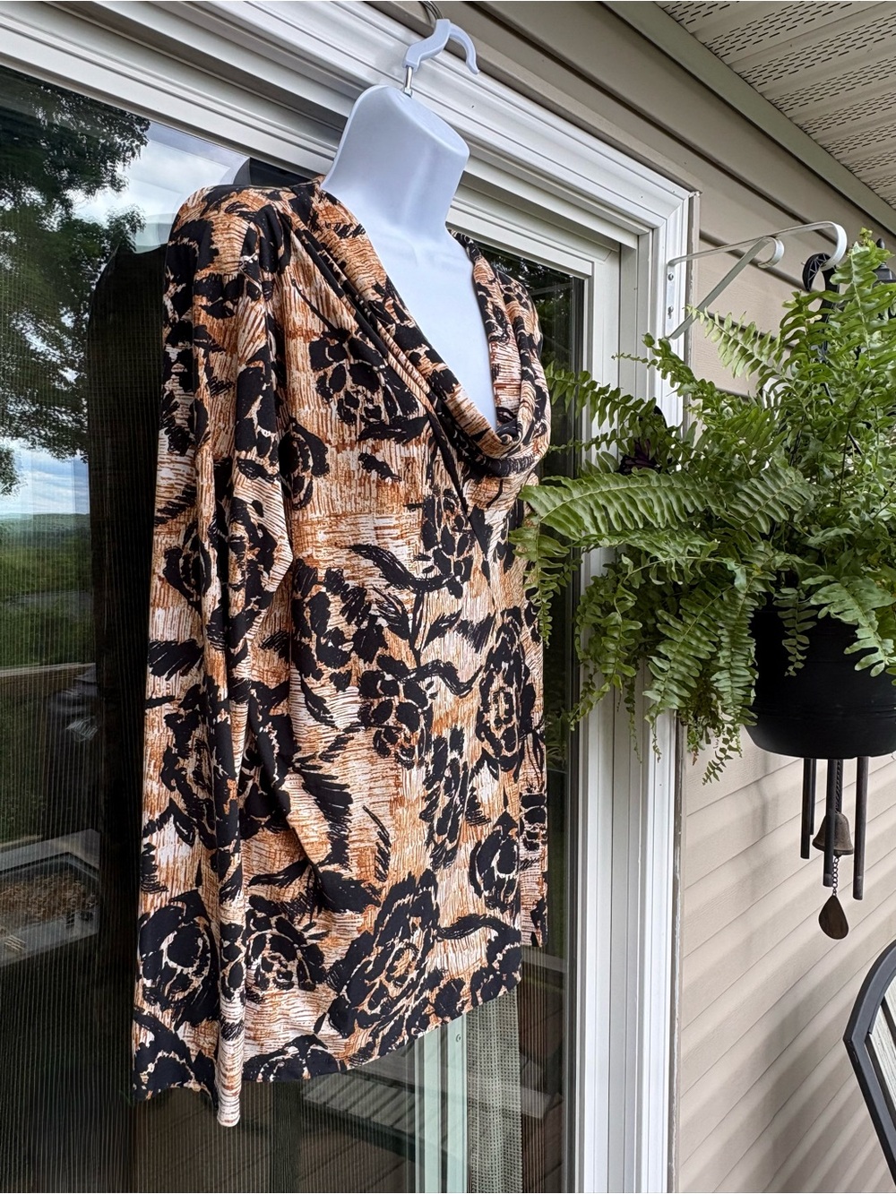 Rafaella Black and Tan Floral Cowl Neck Top size Large